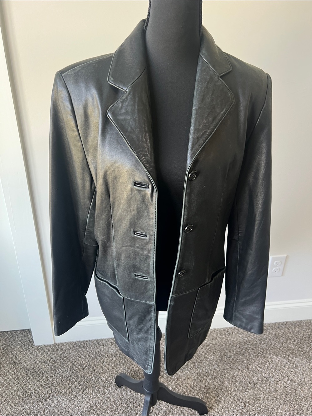 Lord & Taylor Black 100% Genuine Leather 3 Button Blazer Coat